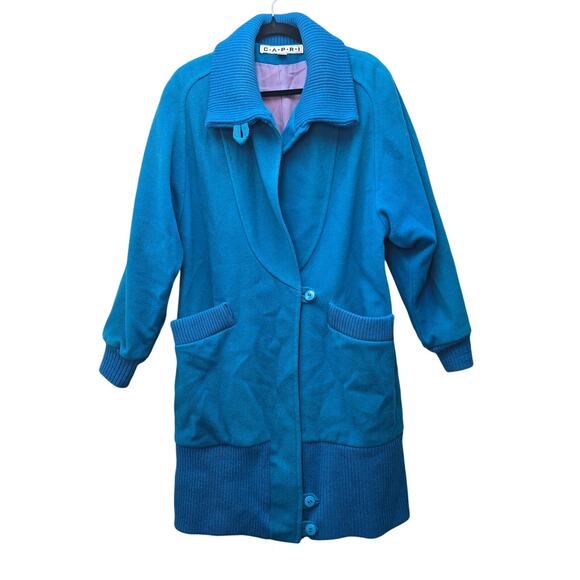 VTG CAPRI Coat Womens Size 6 Teal Blue 100% Wool Knit Retro Midi Winter 70s 80s - Picture 1 of 8